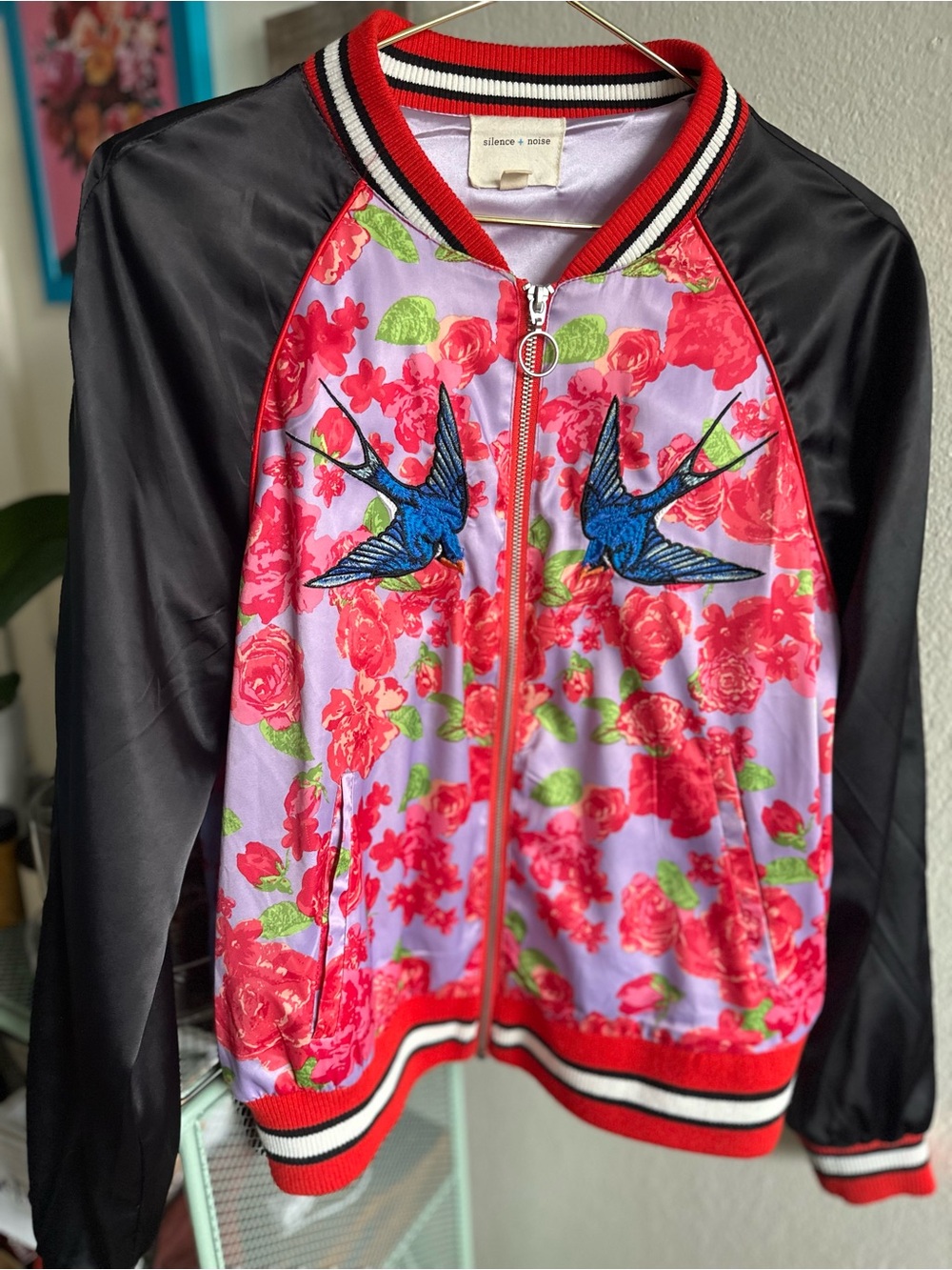 silence + noise women’s Floral Bomber Jacket with Embroidered Swallows - Pink/Bl